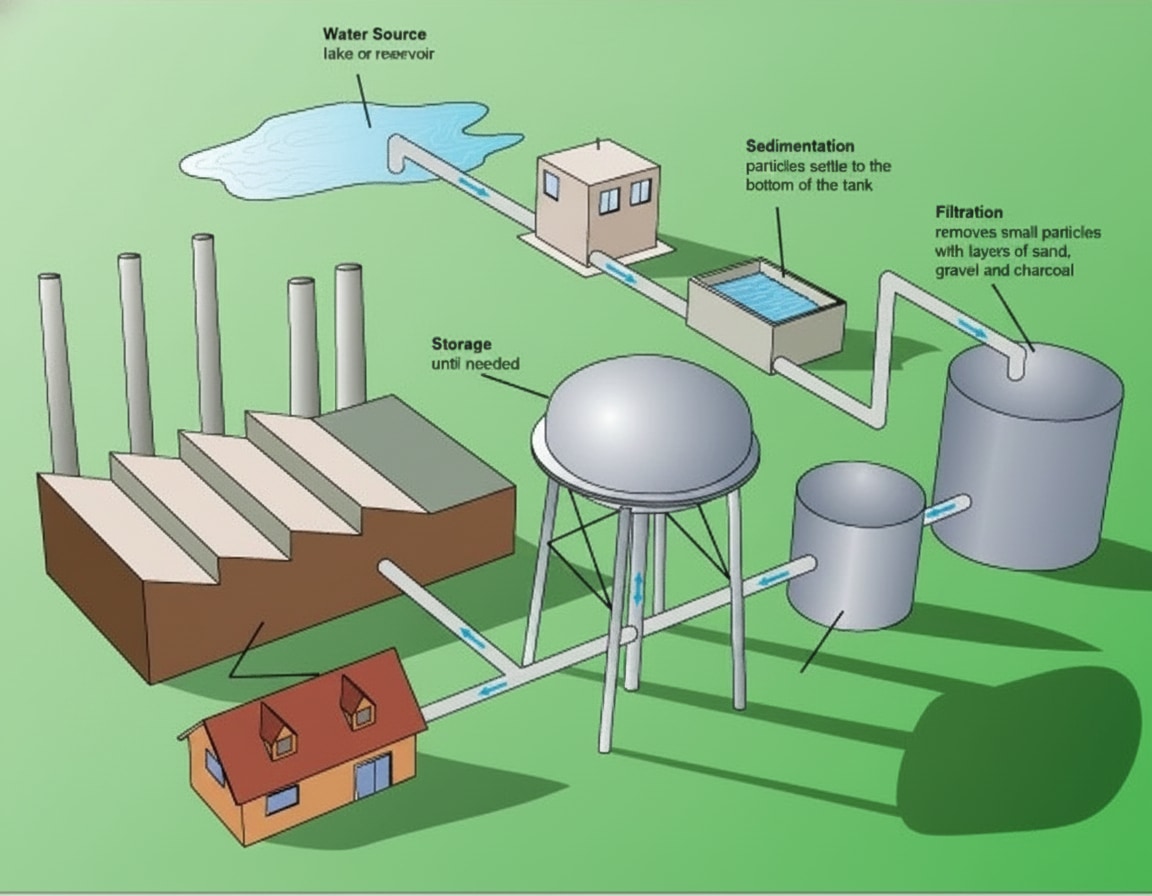 Diagram of the water treatment process from source through abstraction, treatment and distribution to the property