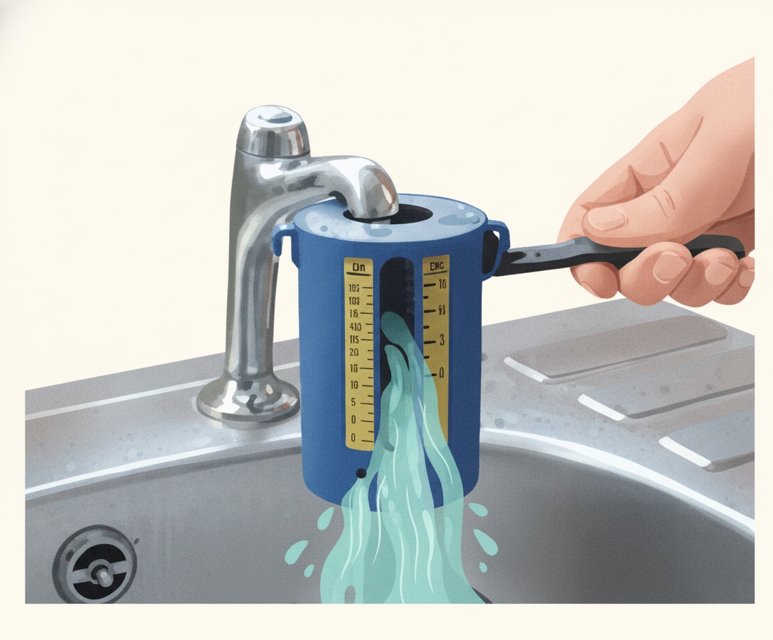 Weir cup placed under a running kitchen tap to measure flow rate during performance testing