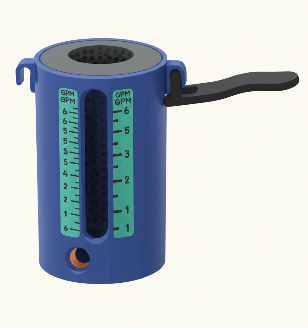 A weir cup used during performance commissioning to measure the flow rate at hot water outlets