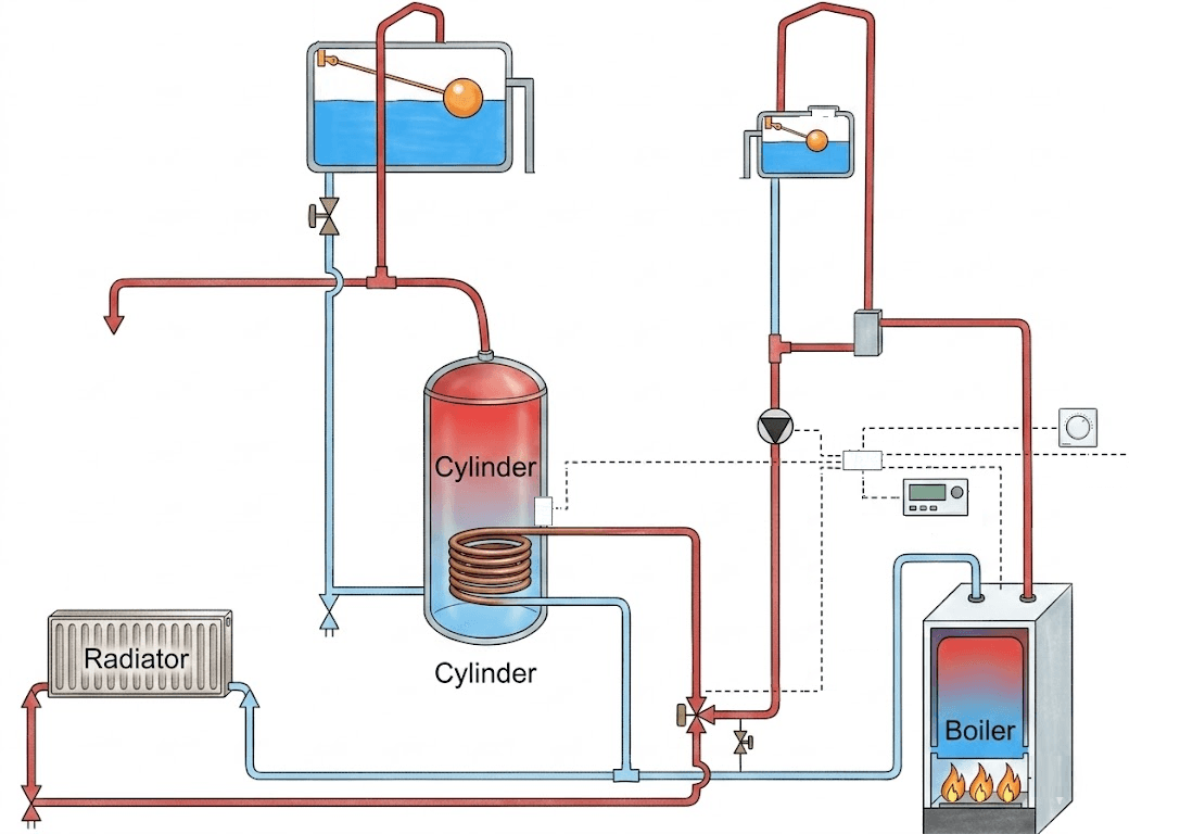 A Y-plan system where a single boiler feeds both the radiators and a hot water cylinder heated indirectly through a coil, with a motorised valve directing flow between heating and hot water