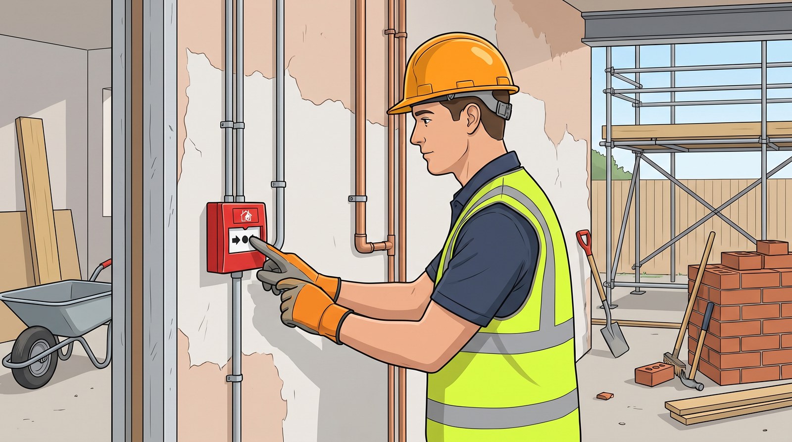 A worker in a hard hat and hi-vis presses a red fire alarm call point on a wall in a building under construction