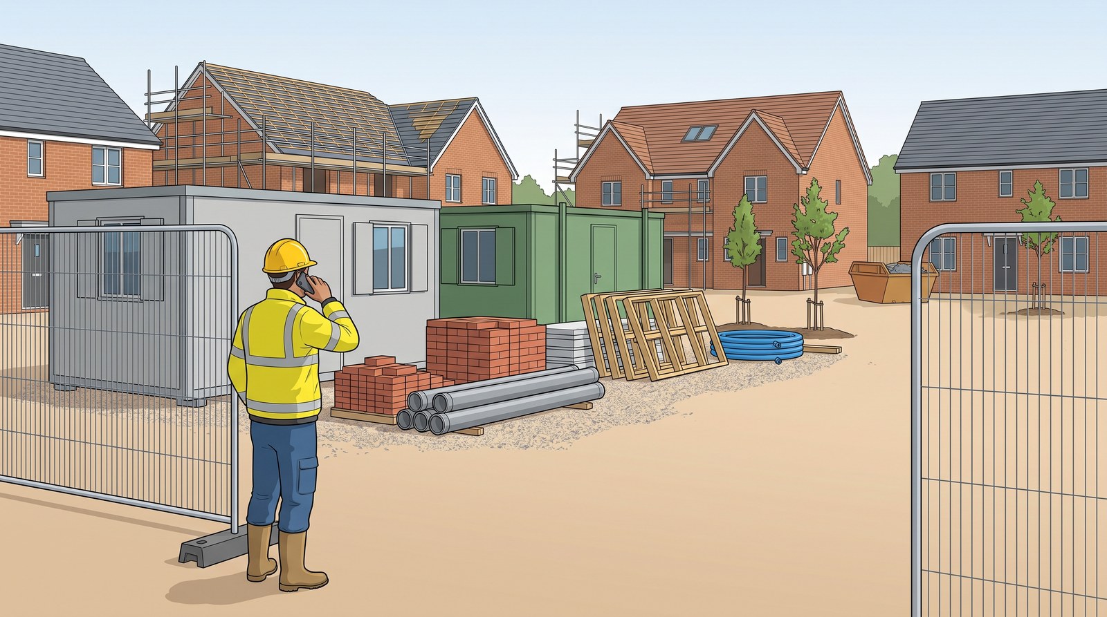 A worker in hi-vis stands at the entrance of a new housing site with no street signs, on his phone and looking around