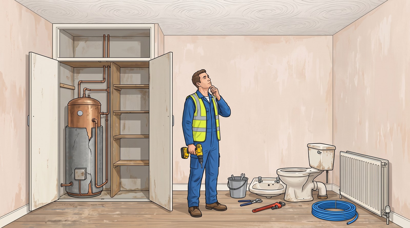 In a 1970s house being stripped out, a plumber holding an unused drill looks up at a swirl-textured ceiling
