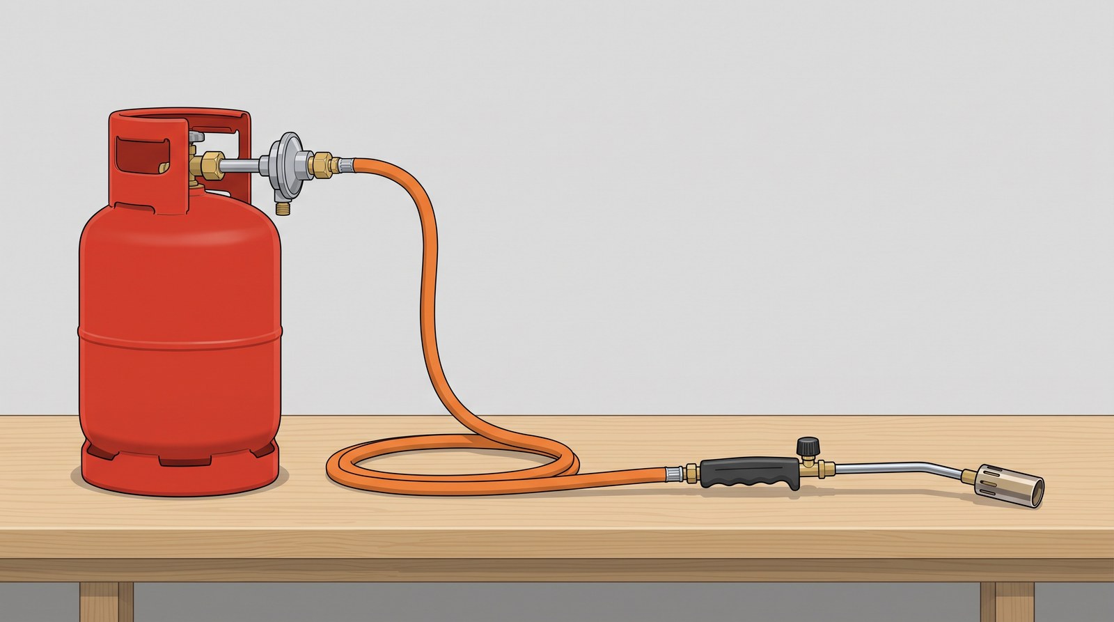 A complete propane blowtorch set on a bench: a red gas bottle, the regulator on its valve, an orange hose and the hand torch