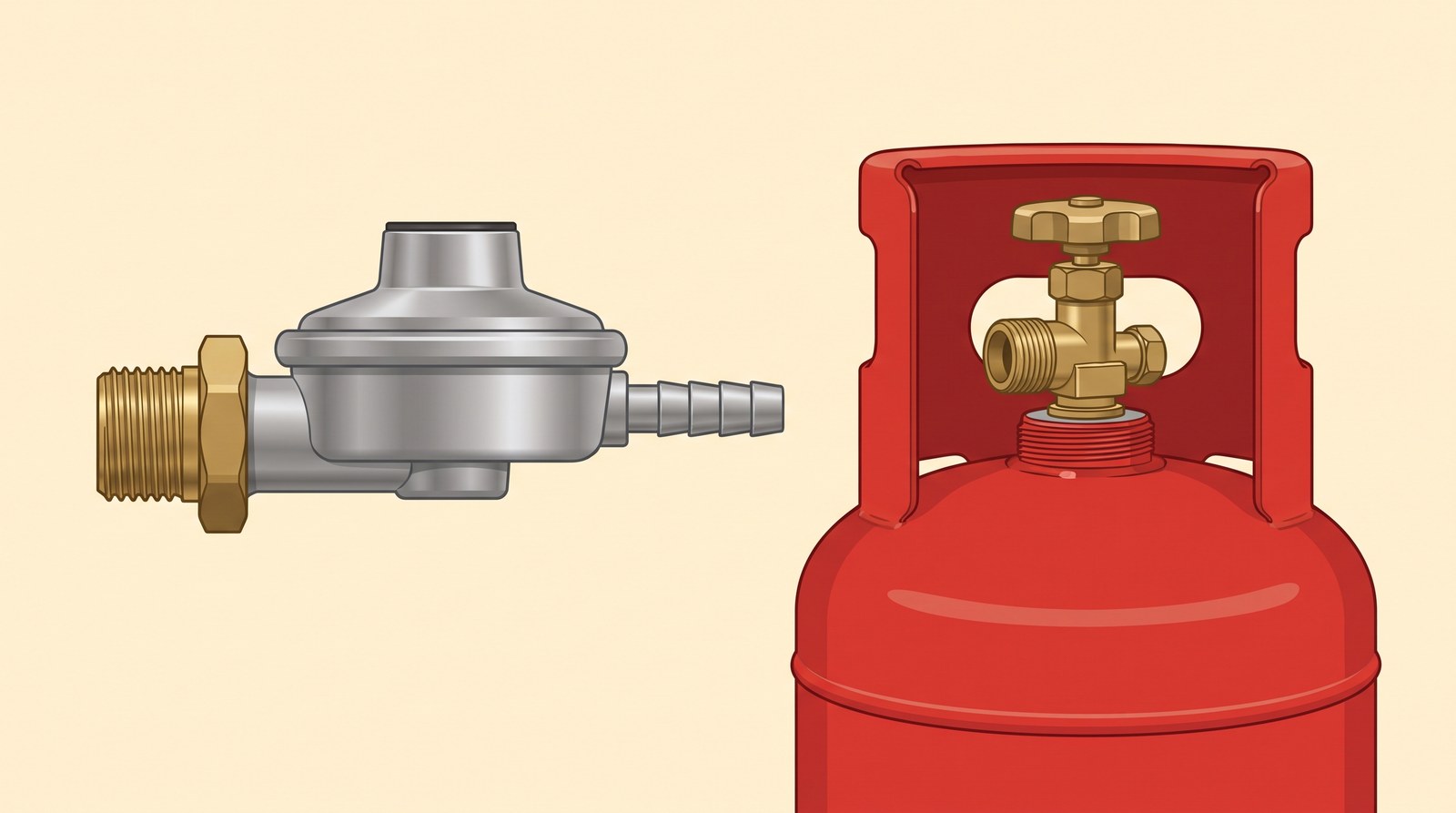 A propane regulator shown side-on with its threaded inlet and hose outlet, beside the valve on top of a red propane cylinder