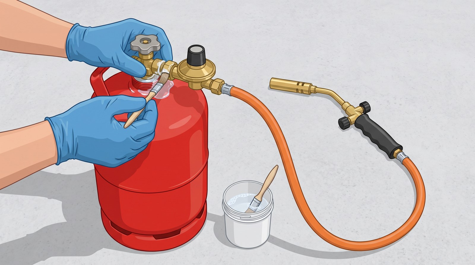 Gloved hands brush leak detector fluid onto the joint between a red propane bottle valve and its regulator. An orange hose runs from the regulator to a blowtorch on the floor, and the fluid shows no bubbles
