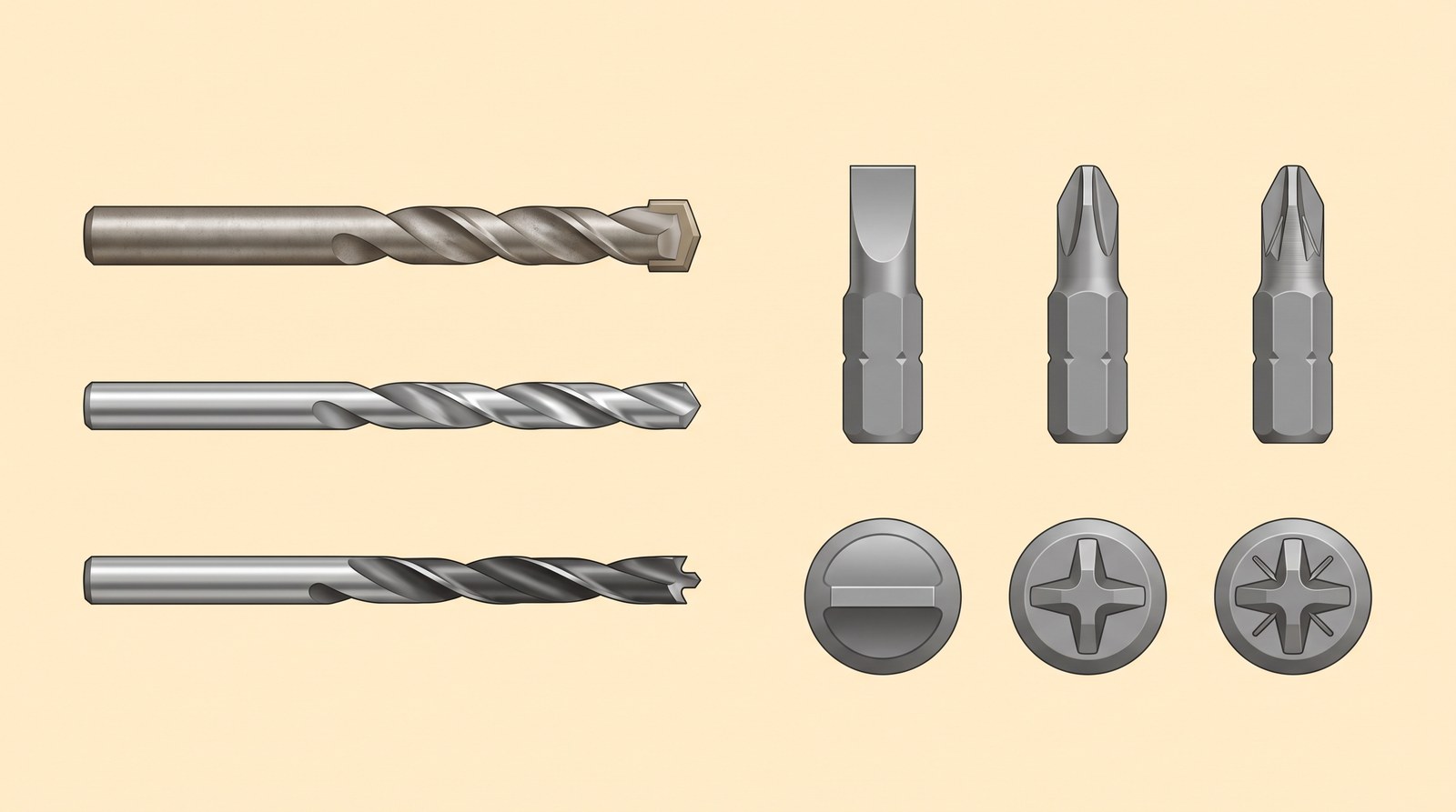 Three drill bits for masonry, metal and wood, and three screwdriver bits, slotted, Phillips and Pozidriv, each shown end on