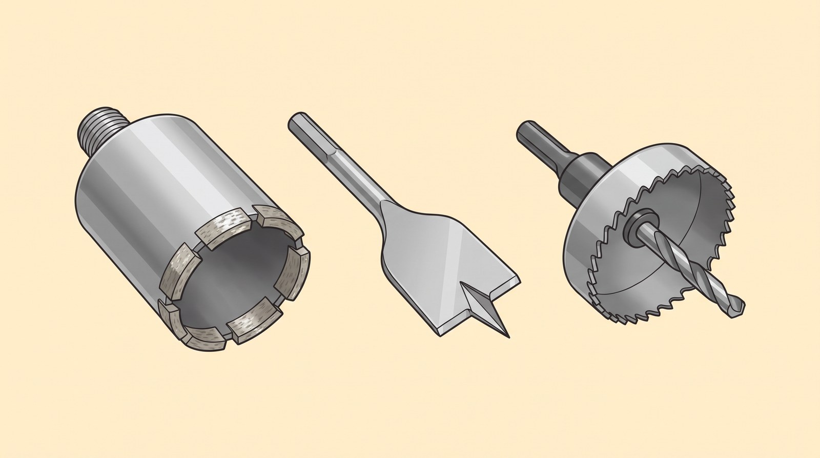 Three large hole cutters: a diamond core drill, a flat wood bit and a hole saw with its pilot drill