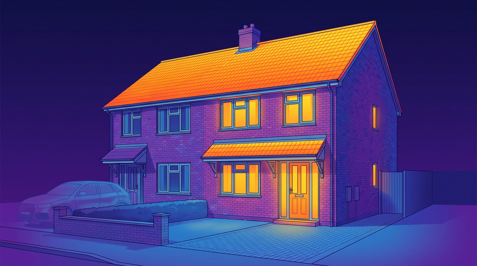 A thermal image of a semi-detached house at night, the roof, windows and front door glowing where heat escapes and the walls cool