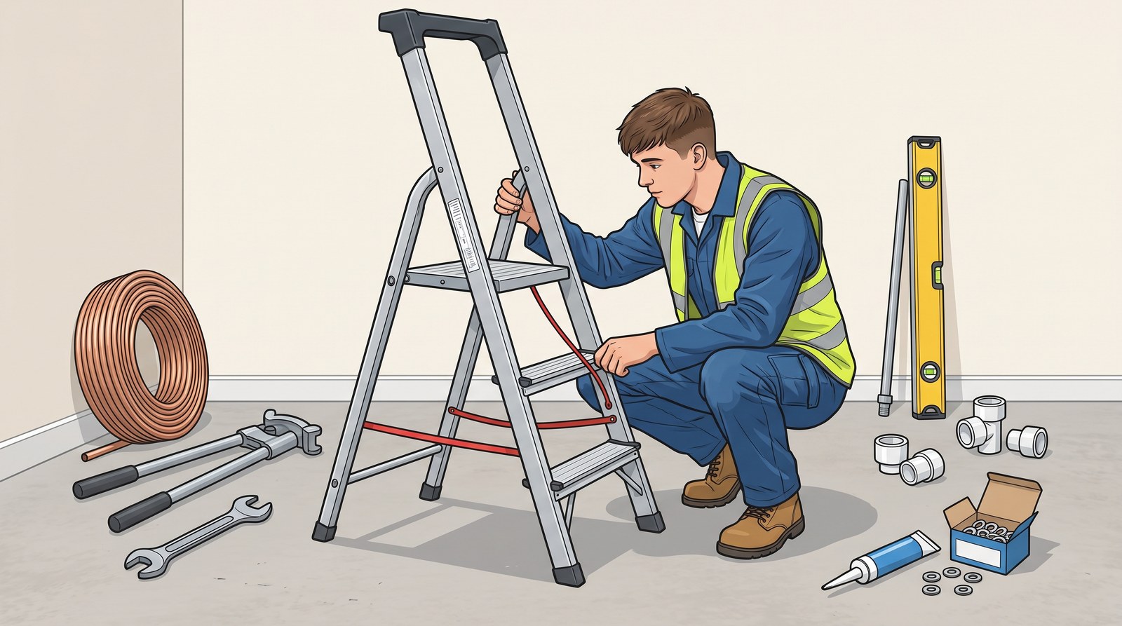 An apprentice crouches to check the hinge and restraint cord of an open stepladder before using it