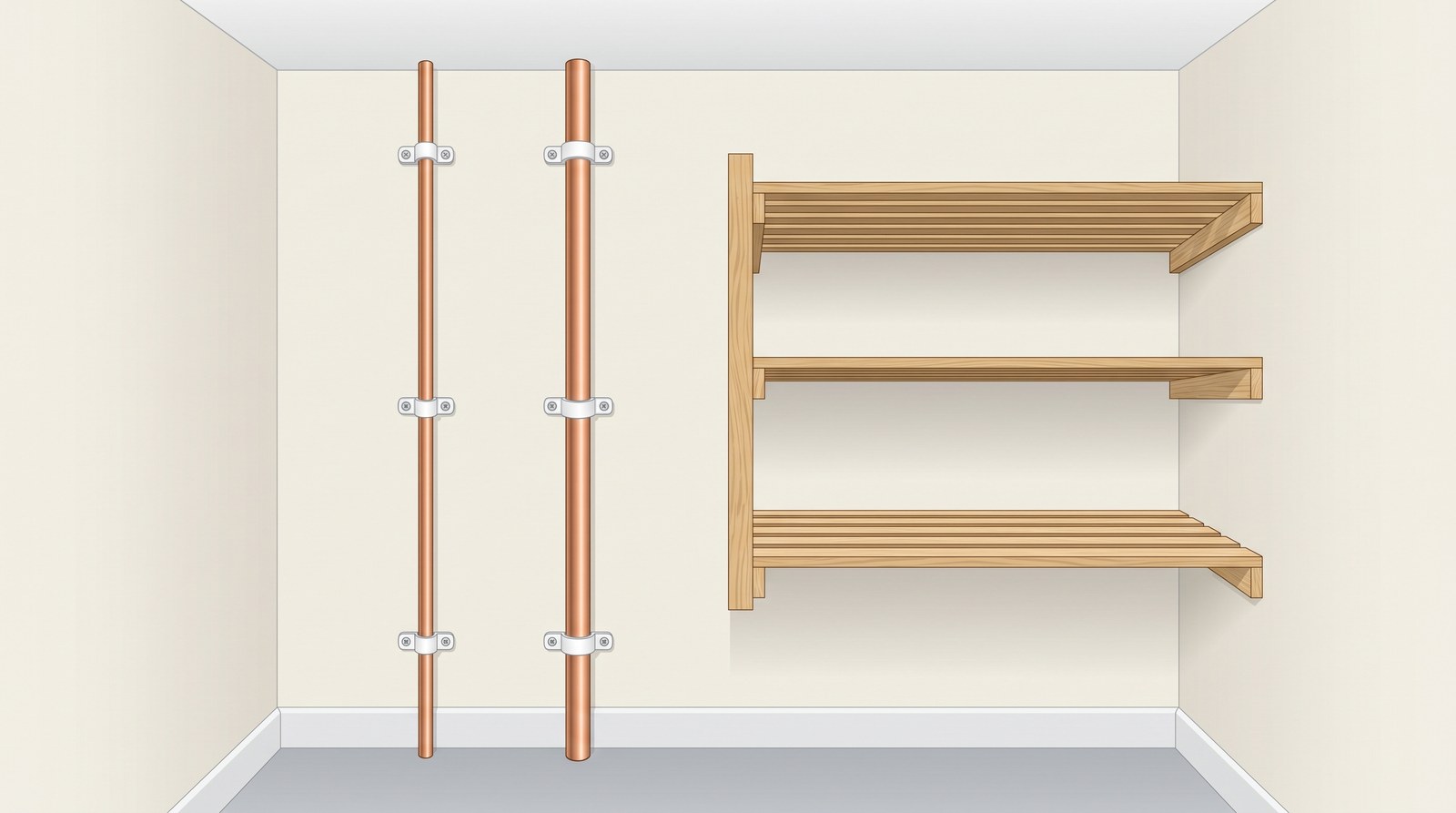 Two copper pipes, one slightly thicker than the other, running straight up the wall of an airing cupboard, each held by evenly spaced white plastic clips
