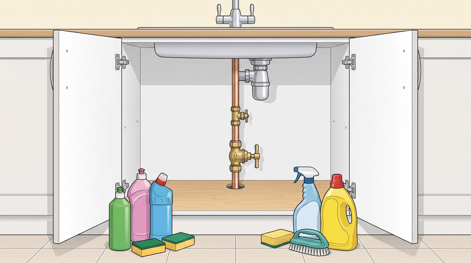 The open cupboard under a kitchen sink, cleaning products moved out onto the floor, showing the copper rising main coming up through the floor with a brass stopcock low down on it and a drain valve just above