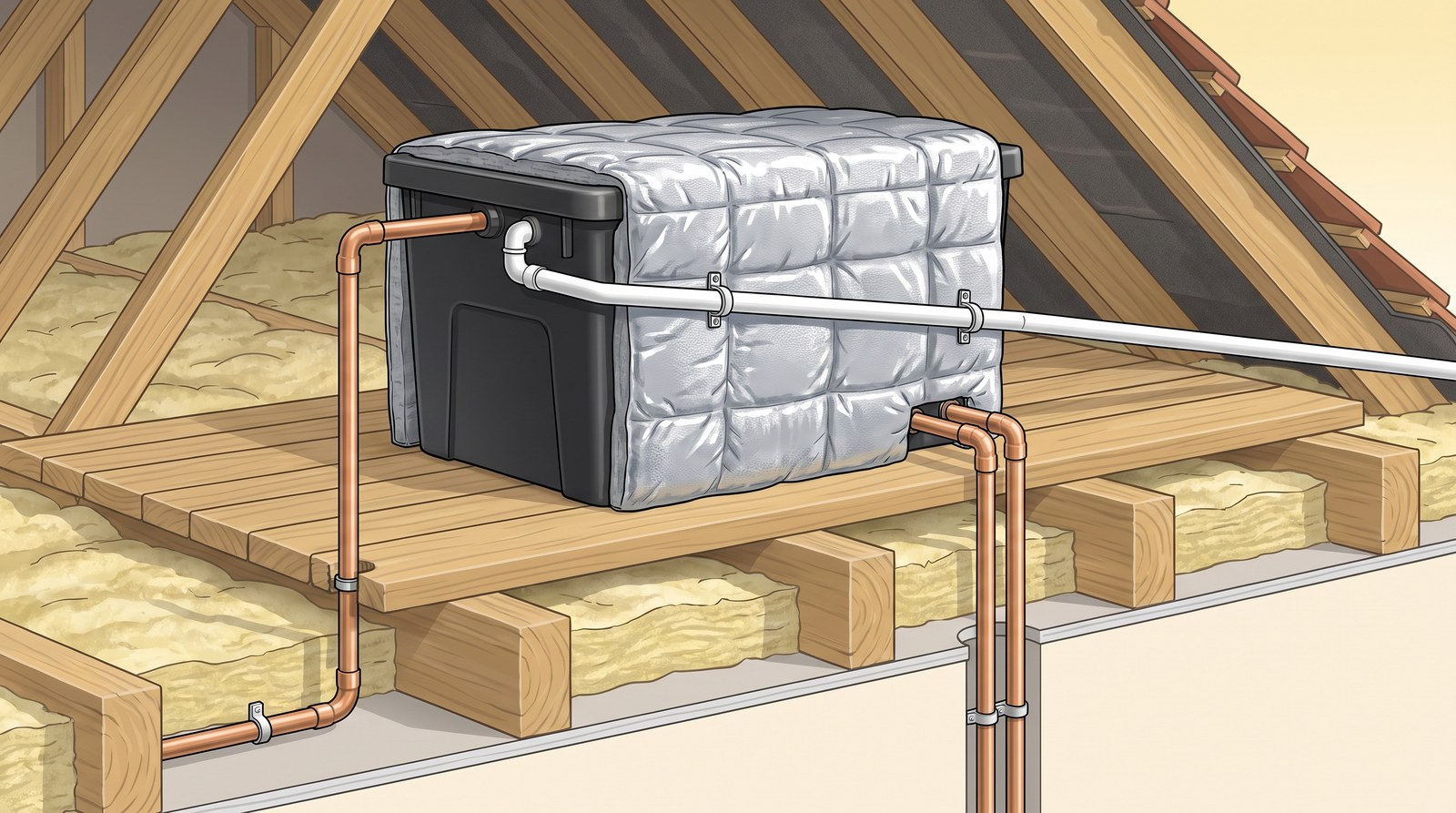 A black cold water storage cistern in a loft, lid on and partly jacketed, standing on a boarded platform across the joists, with the supply pipe in near the top, an overflow pipe and two pipes out near the bottom