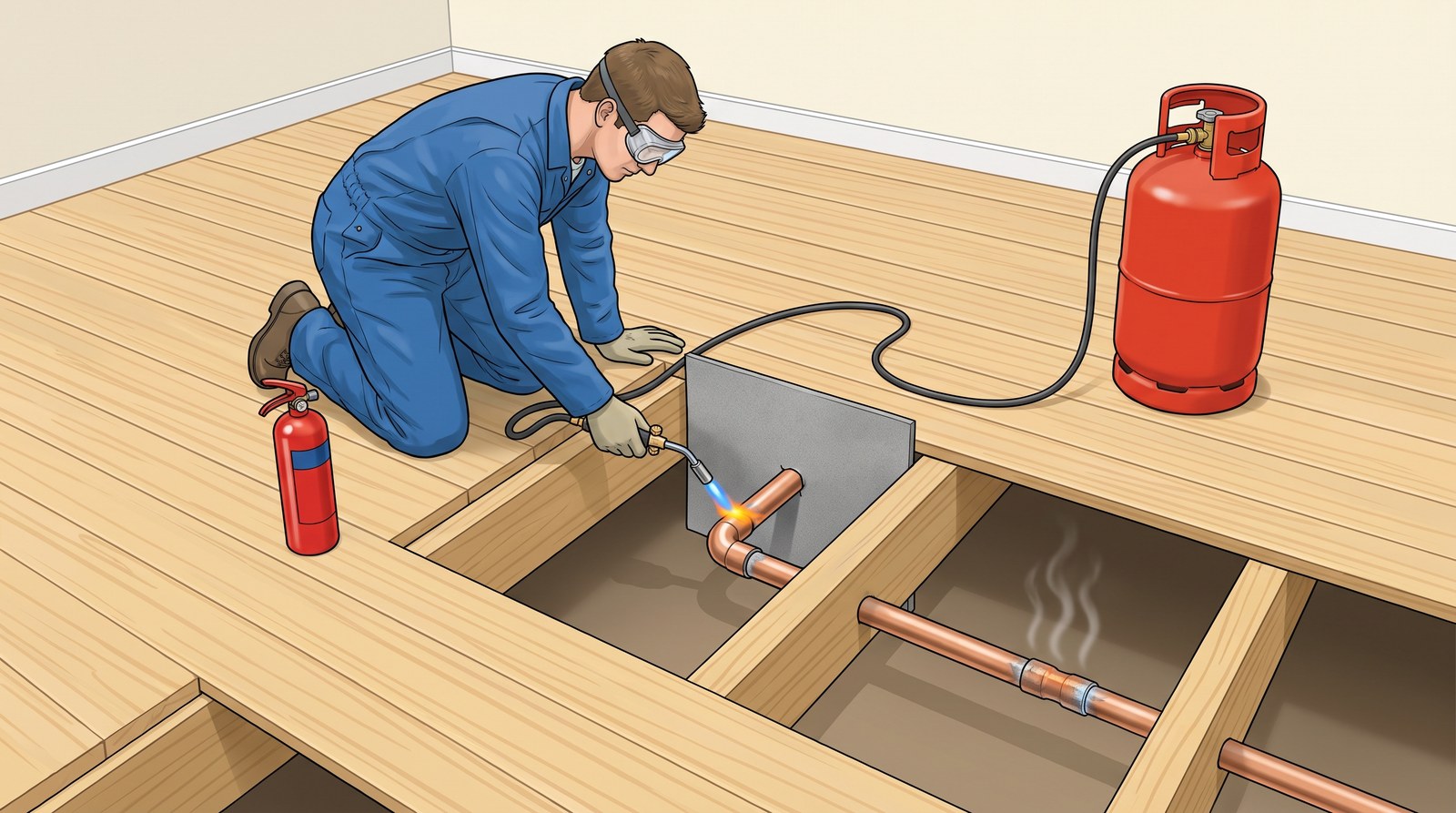 A plumber in goggles and gloves kneels on the floorboards soldering a copper elbow between the joists, with a heatproof mat behind the joint, a red propane bottle standing on the floor, a fire extinguisher close by and heat rising from another fitting