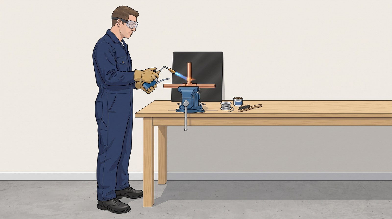 A plumber in goggles, gloves, safety boots and a boiler suit with the sleeves down solders a copper tee held in a bench vice, with a heat-proof mat standing upright behind the joint