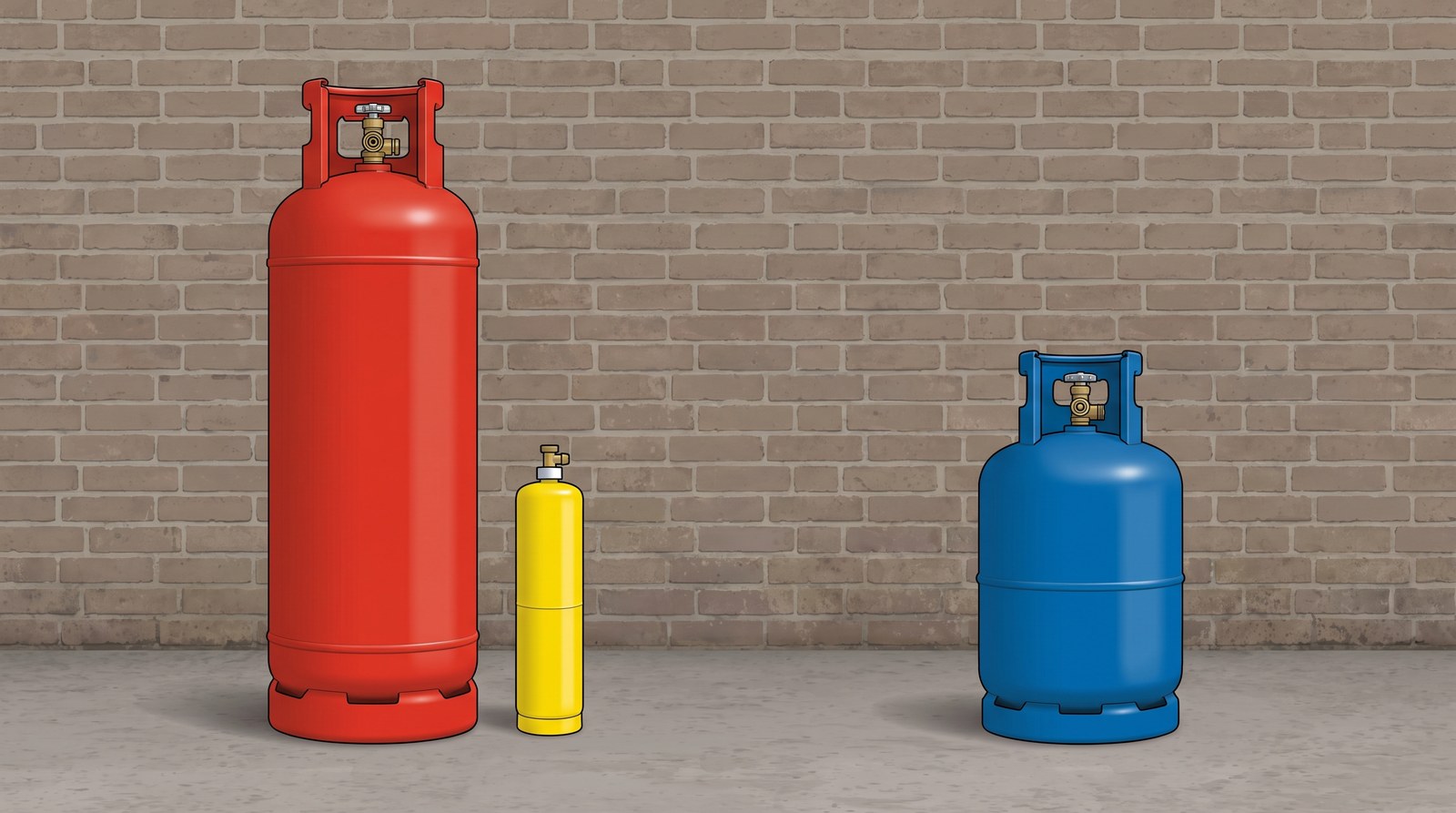 A tall red propane cylinder, a small yellow MAPP gas canister and, set apart, a blue butane cylinder, all standing upright in a yard