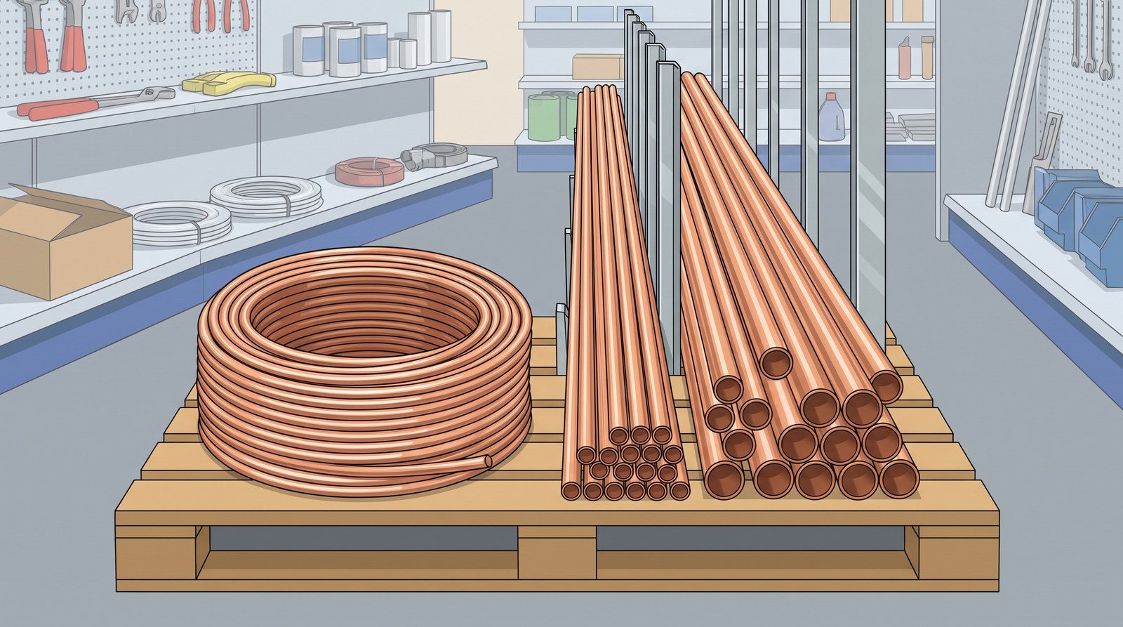 A coil of soft copper tube on a pallet beside bundles of straight lengths of copper tube in a plumbers merchant