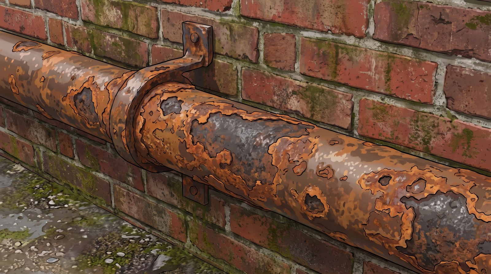 An old steel pipe on a damp brick wall, heavily rusted, with orange-brown rust flaking away and pitting the metal