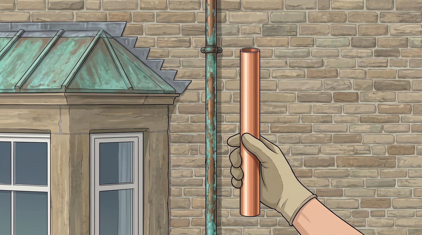 An old copper pipe and a copper bay roof weathered to a green patina, with a length of bright new copper pipe held up beside them