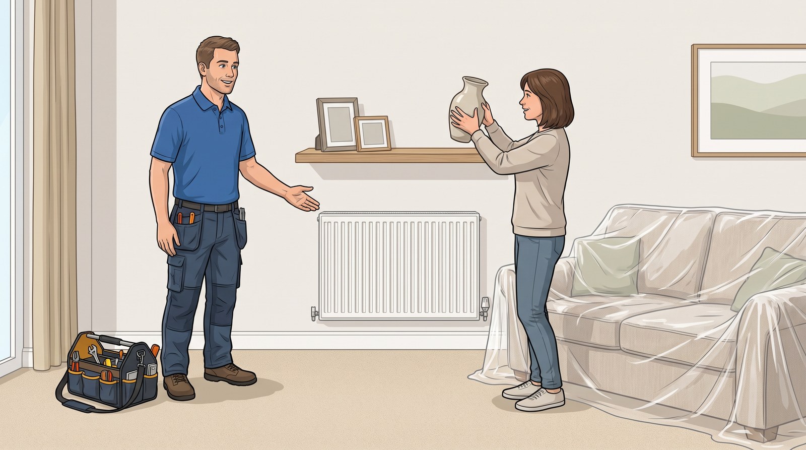In a living room, the homeowner lifts a vase off the shelf above the radiator while the plumber explains, the sofa covered with a protective sheet