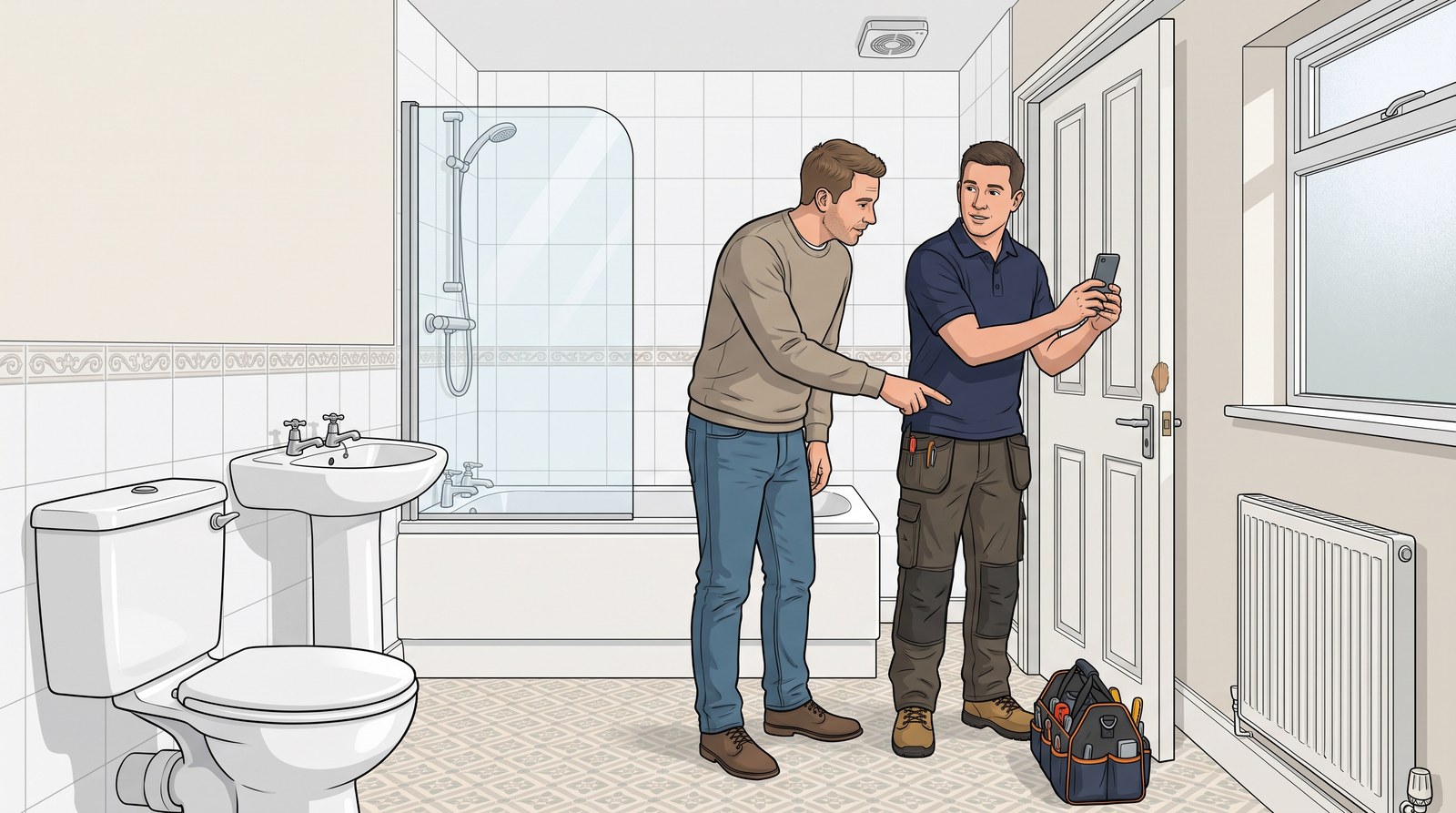 In a bathroom, a plumber photographs an existing chip on the door with his phone while the homeowner points to it
