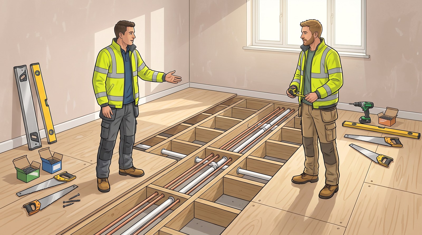 On a new-build first floor, a plumber and a carpenter talk beside the open joists about where the pipes run before the floor goes down