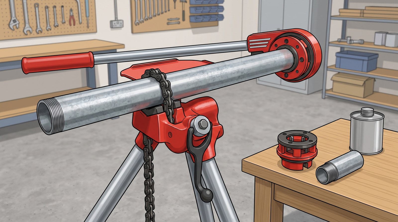 A ratchet stock and die head started on the end of a steel pipe held in a chain vice on a tripod stand, with a spare die head, a pipe nipple and a can of cutting oil on the bench beside it