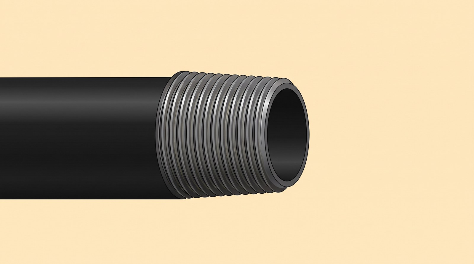 The end of a black steel pipe with a clean, freshly cut thread, square to the pipe and slightly tapered towards the end