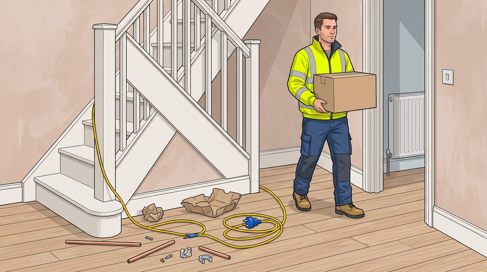 A worker in hi-vis carries a box past a yellow extension lead trailing across the hallway floor and the foot of the stairs