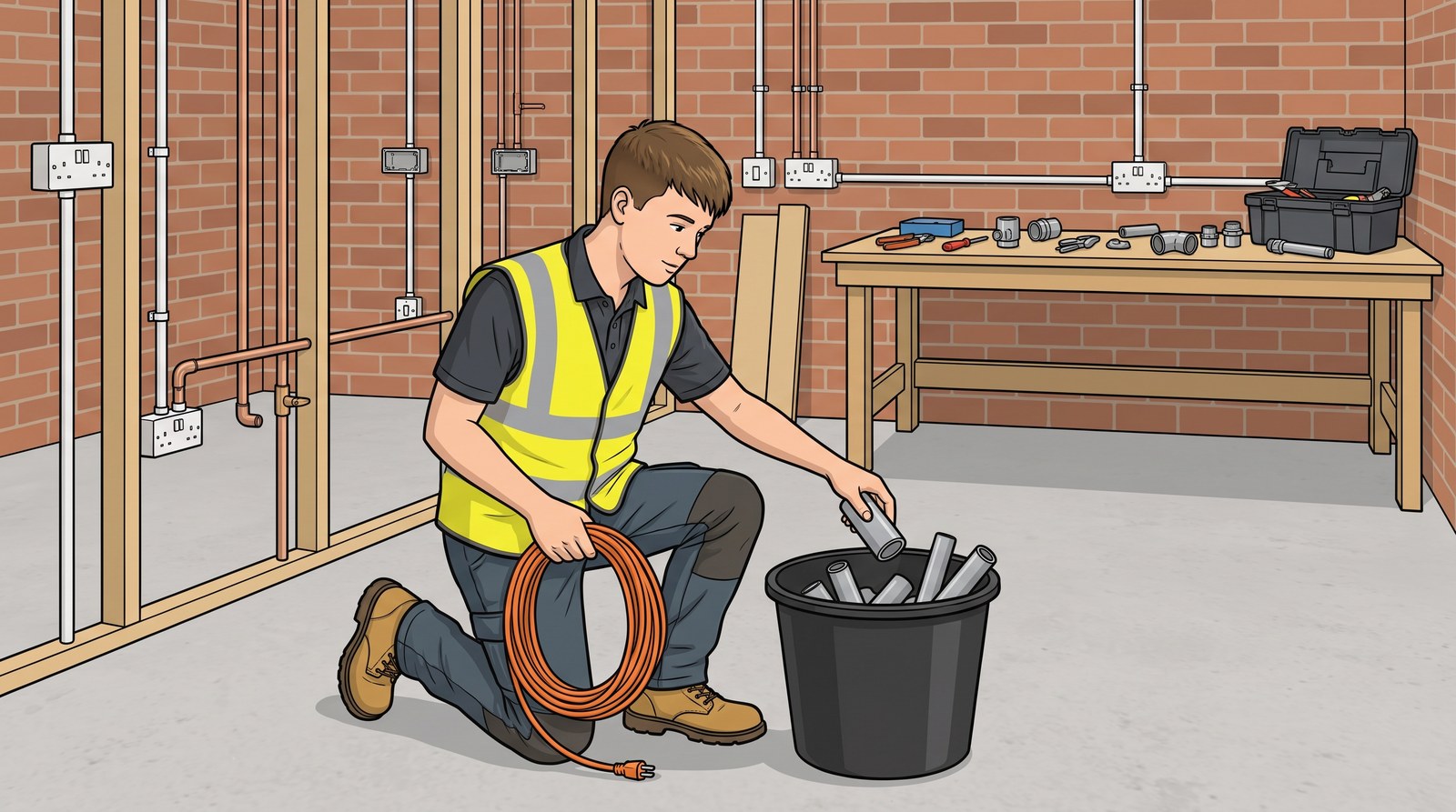 An apprentice in hi-vis coils up an extension lead and drops pipe offcuts into a bucket in a tidy room