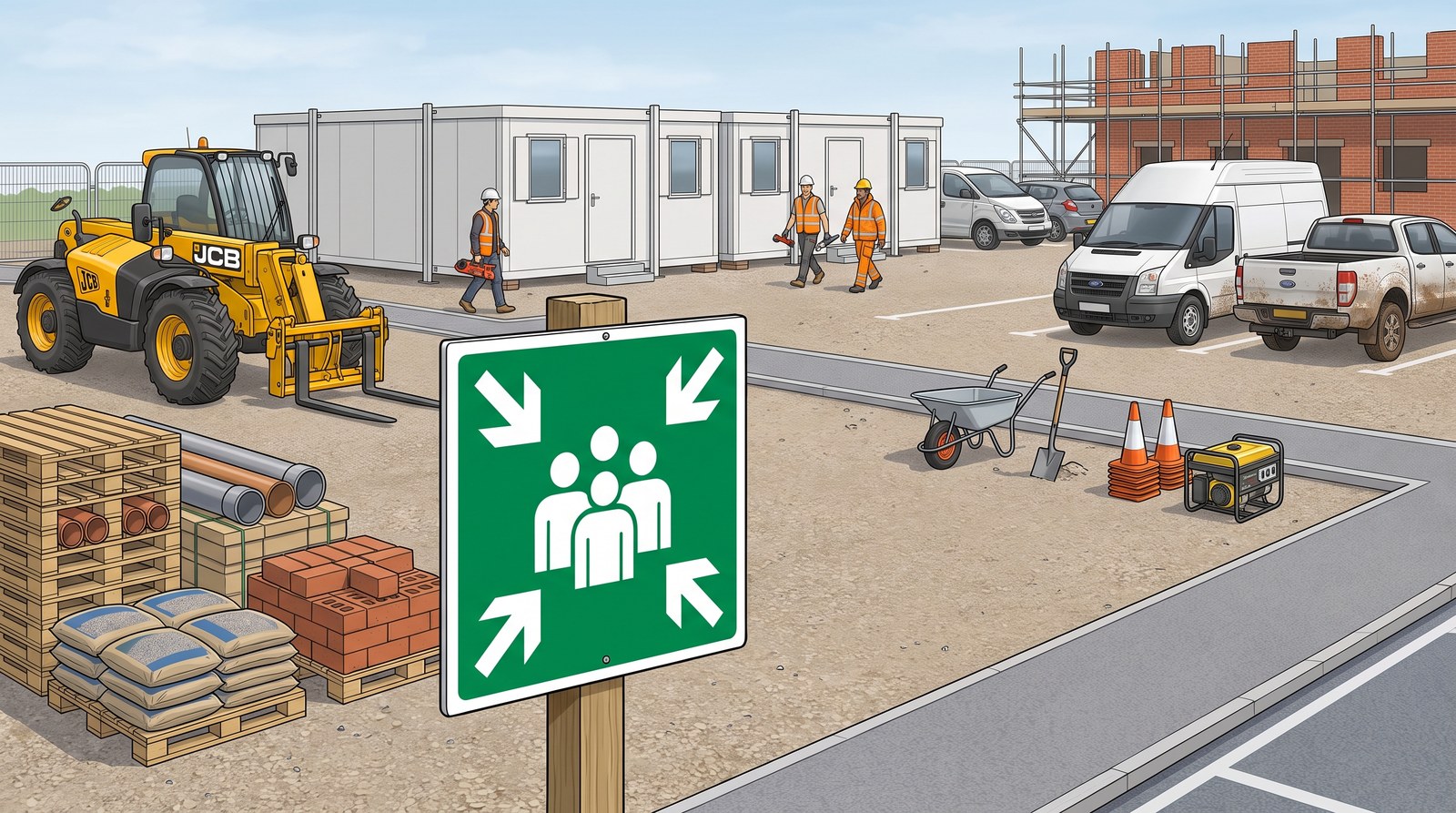 A green assembly point sign with four people and inward arrows on a post at a building site, cabins and vehicles behind