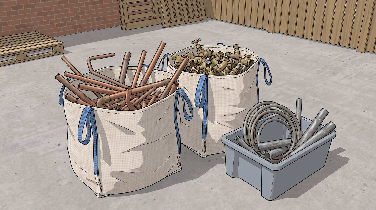 Scrap metal kept separate in a yard: a bag of copper pipe, a bag of brass fittings and valves, and a tub of old lead pipe