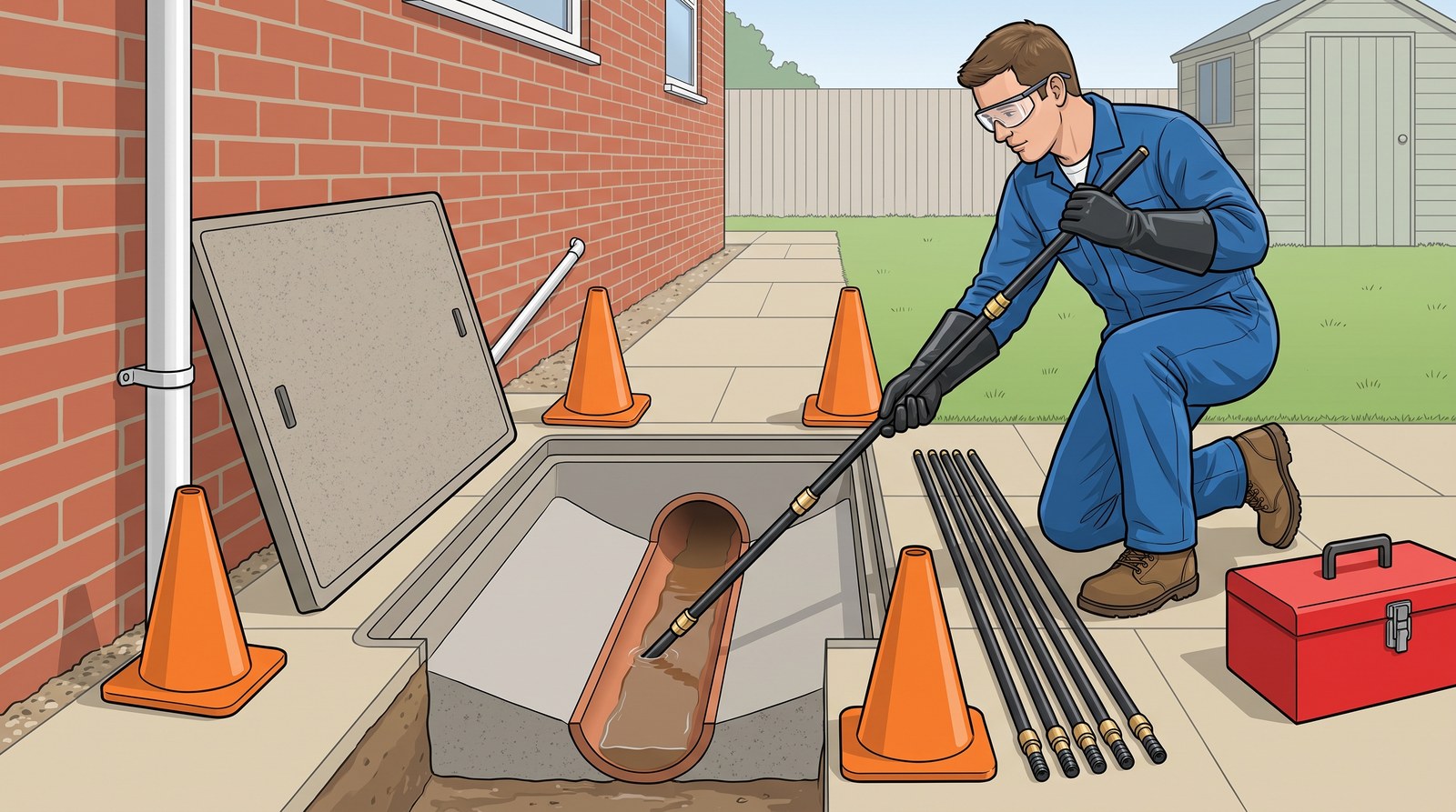 A worker in long waterproof gauntlets, safety glasses and boots kneels beside an open inspection chamber in a garden path, pushing screwed-together drain rods into the channel, with cones round the opening