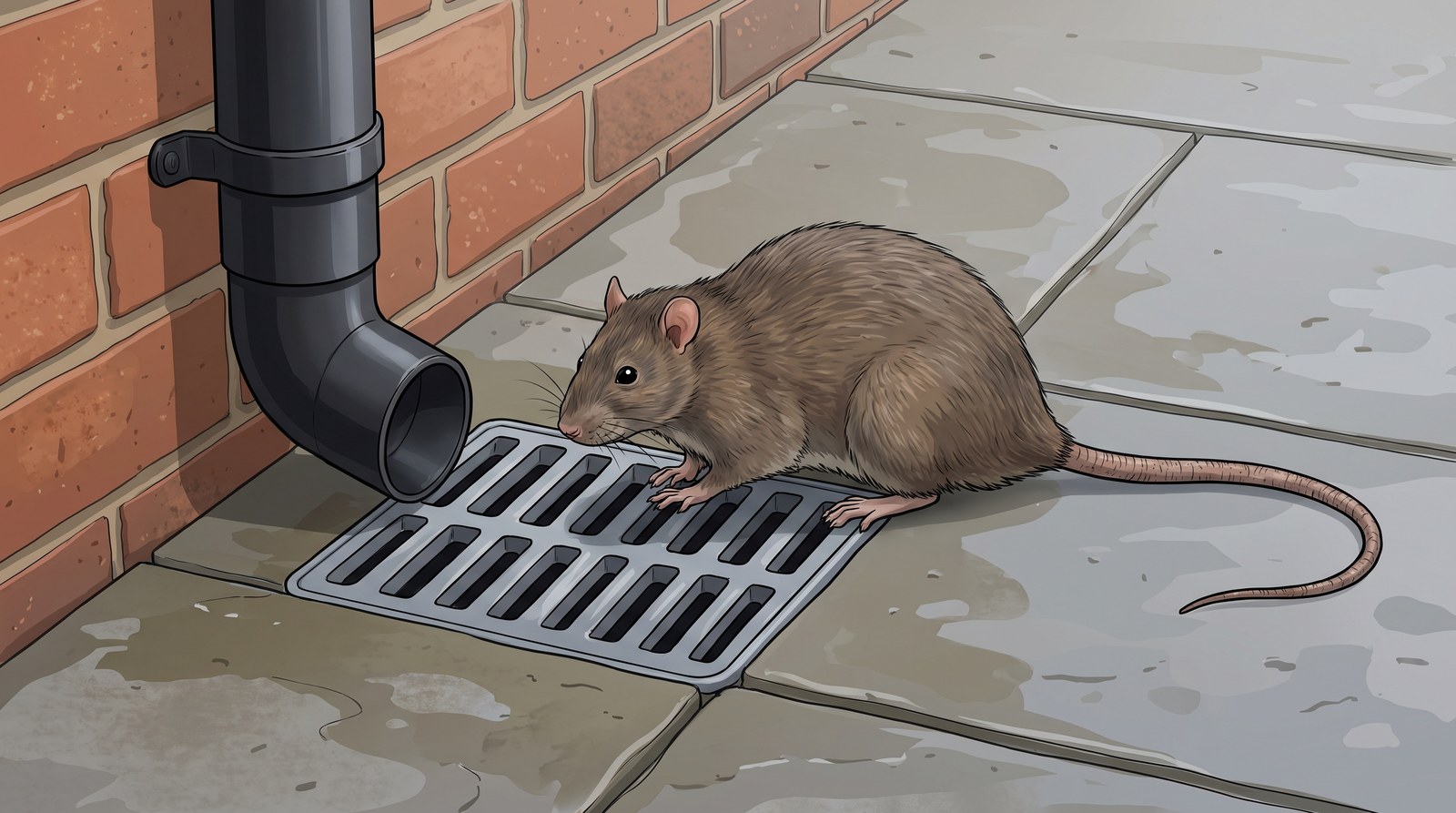 A brown rat sitting on a gully grate beside the bottom of a downpipe against a brick wall