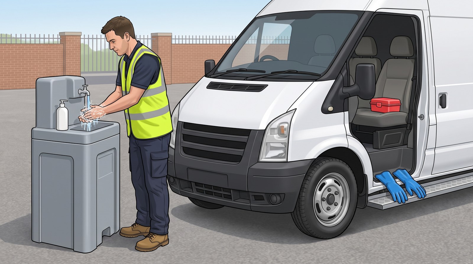 A drainage worker washes his hands with soap at a portable hand-wash station beside his van. His waterproof gauntlets lie on the van step and a lunch box waits on the cab seat