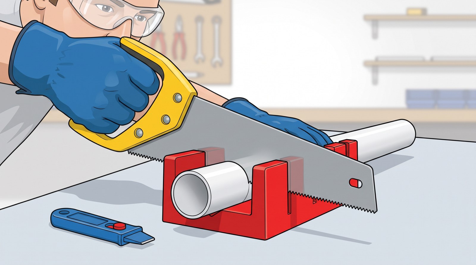 A gloved worker in safety glasses cuts a length of white plastic waste pipe square with a fine-toothed saw, the pipe held in a plastic mitre box