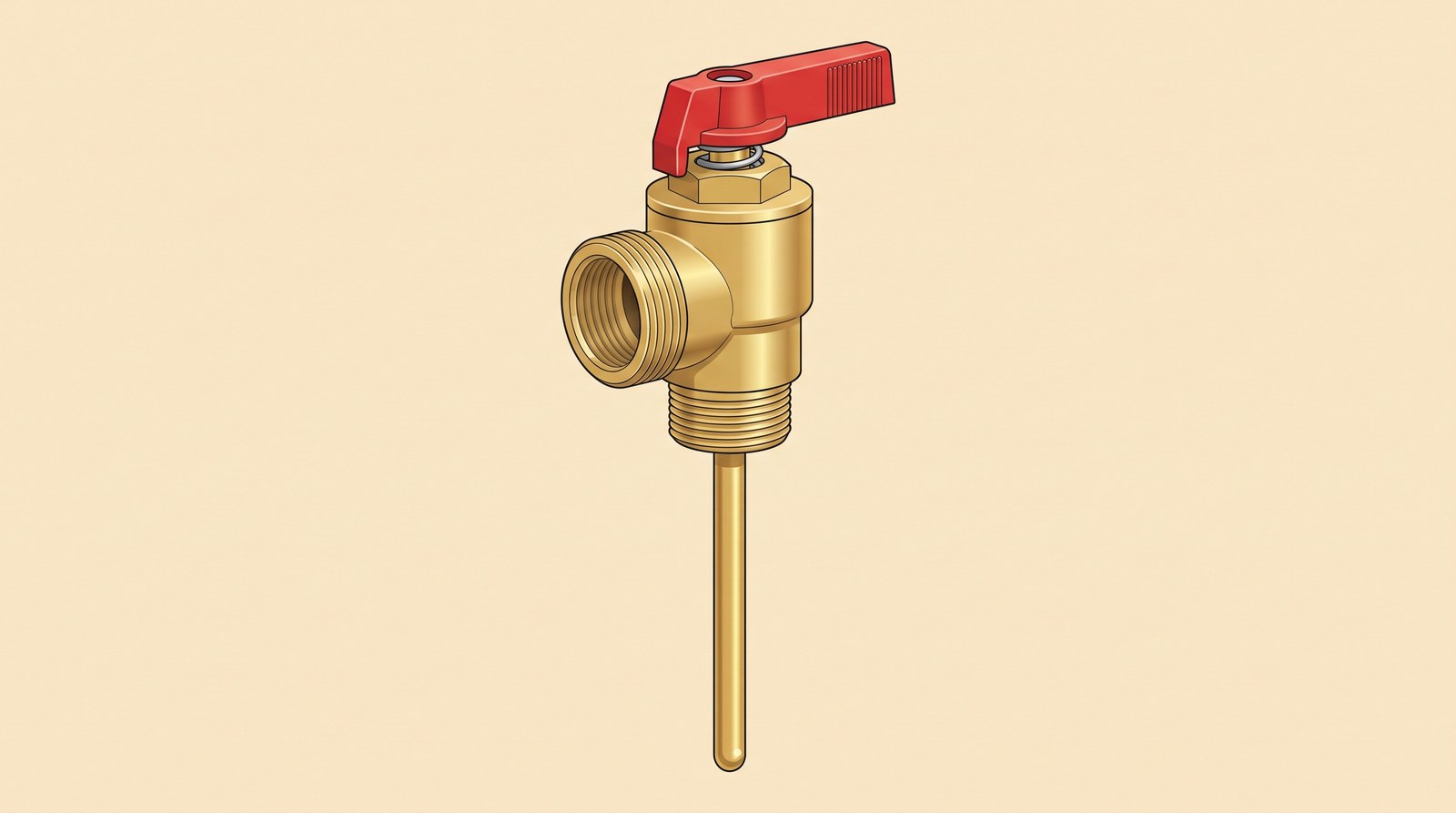 A brass temperature and pressure relief valve with its long sensing probe below, the easing lever on top and the discharge outlet on the side