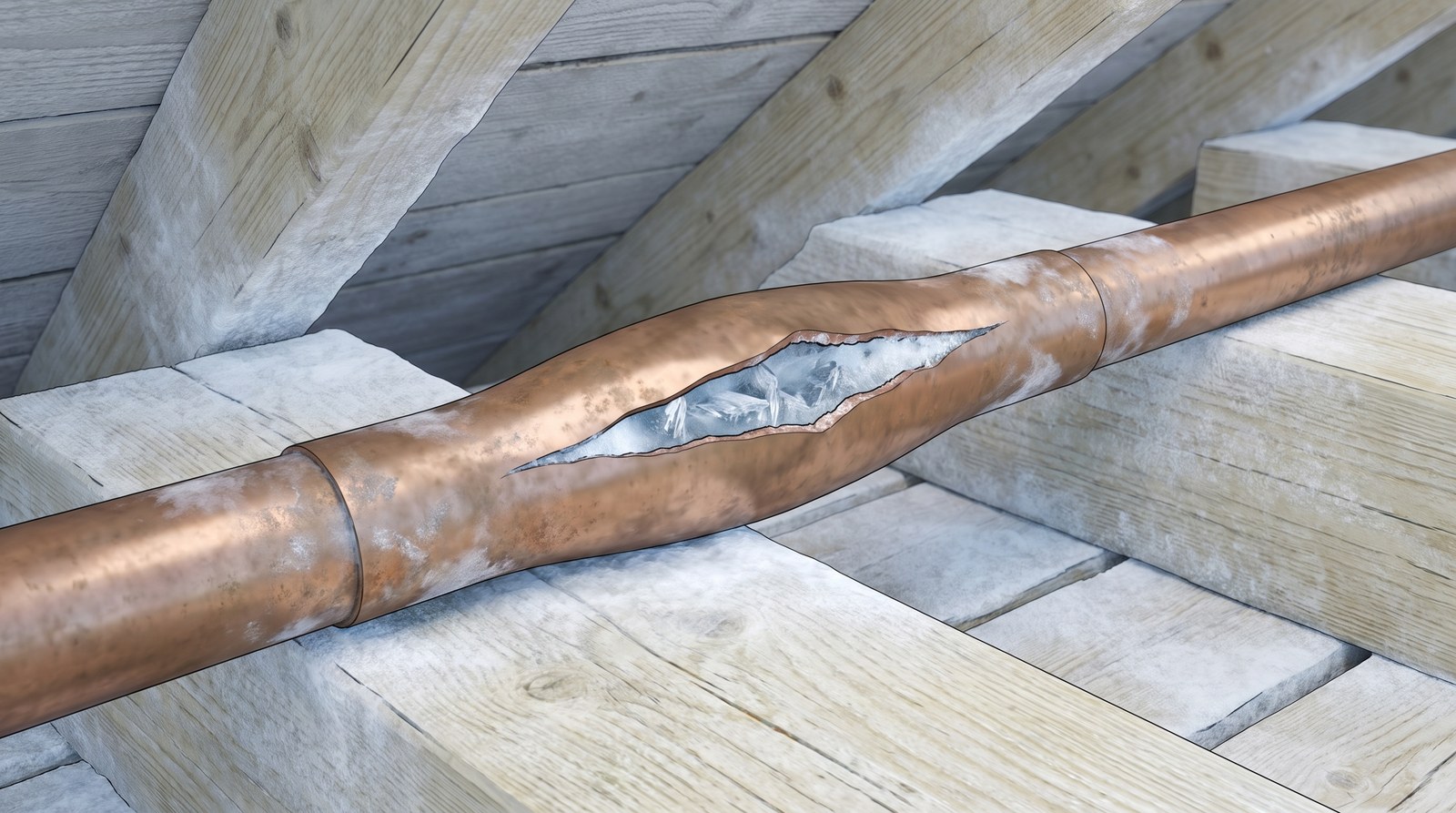 A copper pipe in a cold loft, bulged and split open along its length by frozen water, with ice showing in the split