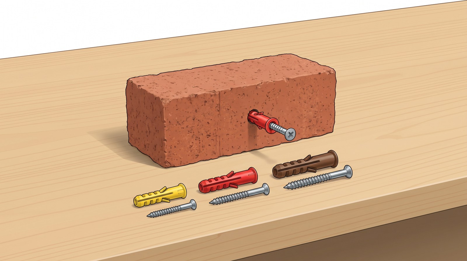 Yellow, red and brown wall plugs each with its screw laid on a bench beside a brick, with a red plug pushed into a hole drilled in the brick and its screw half driven