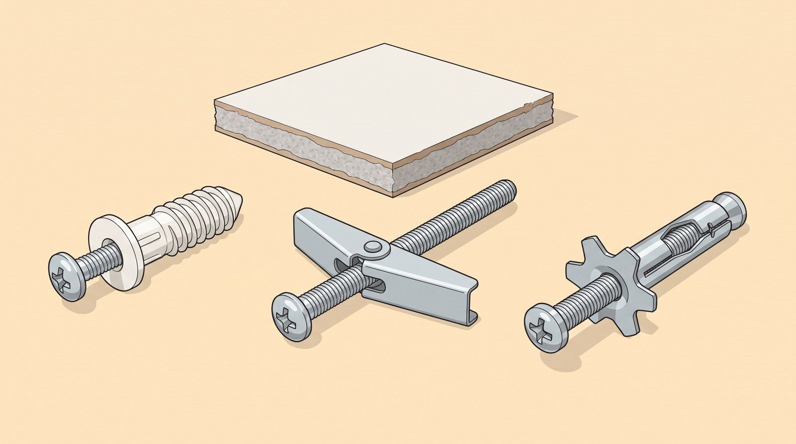Three plasterboard fixings laid out beside a plasterboard offcut: a self-drive fixing, a spring toggle with its wings open and a metal cavity anchor