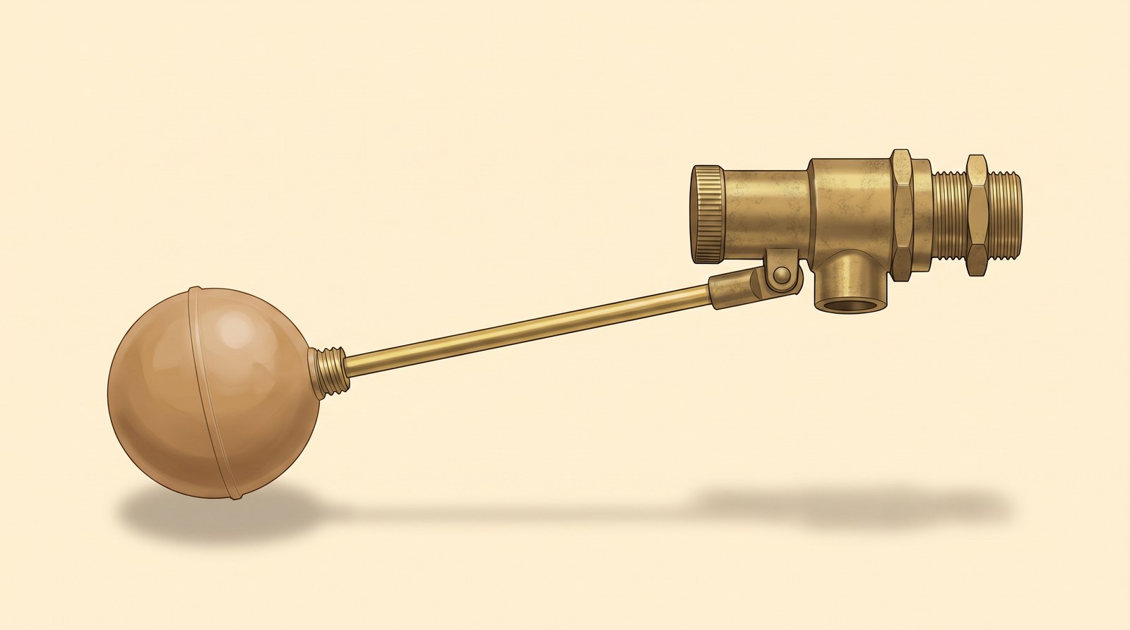 A brass float operated valve lying on its side: the threaded tail with its backnuts, the horizontal body with a knurled cap on the end and the outlet pointing down, and the long arm pivoting under the body out to a ball float