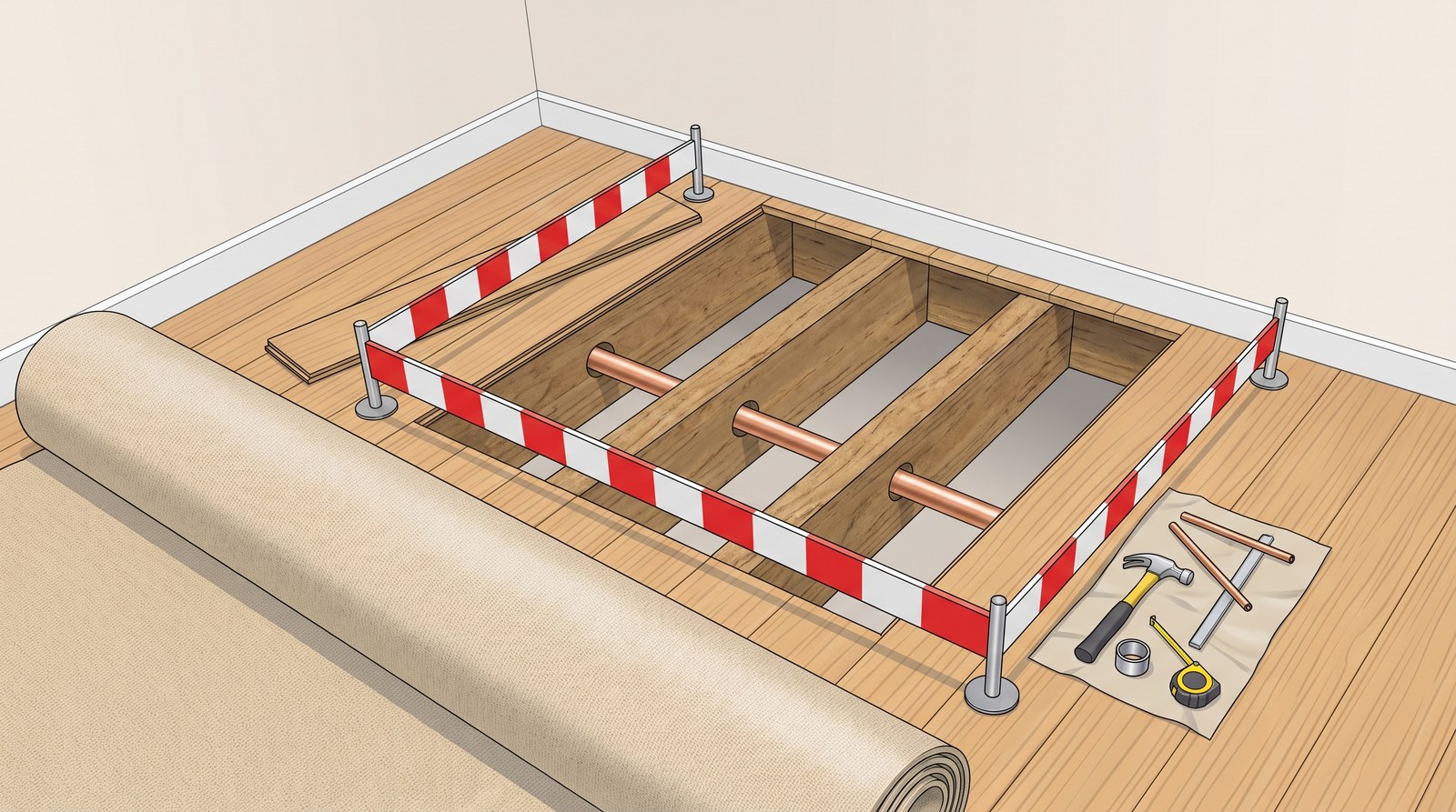 A living room floor with the carpet rolled back and floorboards lifted, a copper pipe running through holes in the joists below, and a red and white barrier round the gap