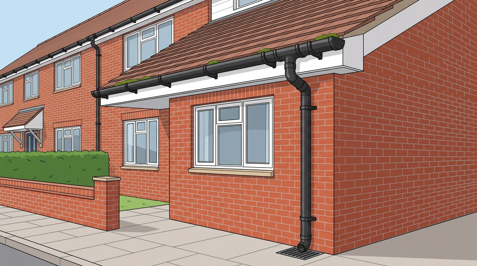 The front of a brick house with black half-round guttering along a white fascia on evenly spaced brackets, feeding a round downpipe to a gully at ground level