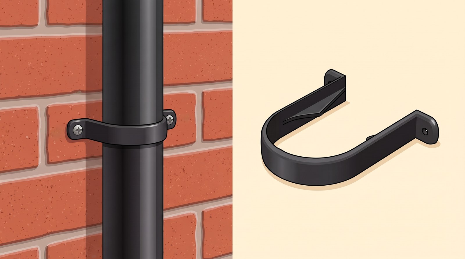 A round black downpipe held on a brick wall by a one-piece clip with a lug either side screwed into the brick, and a second clip shown on its own beside it