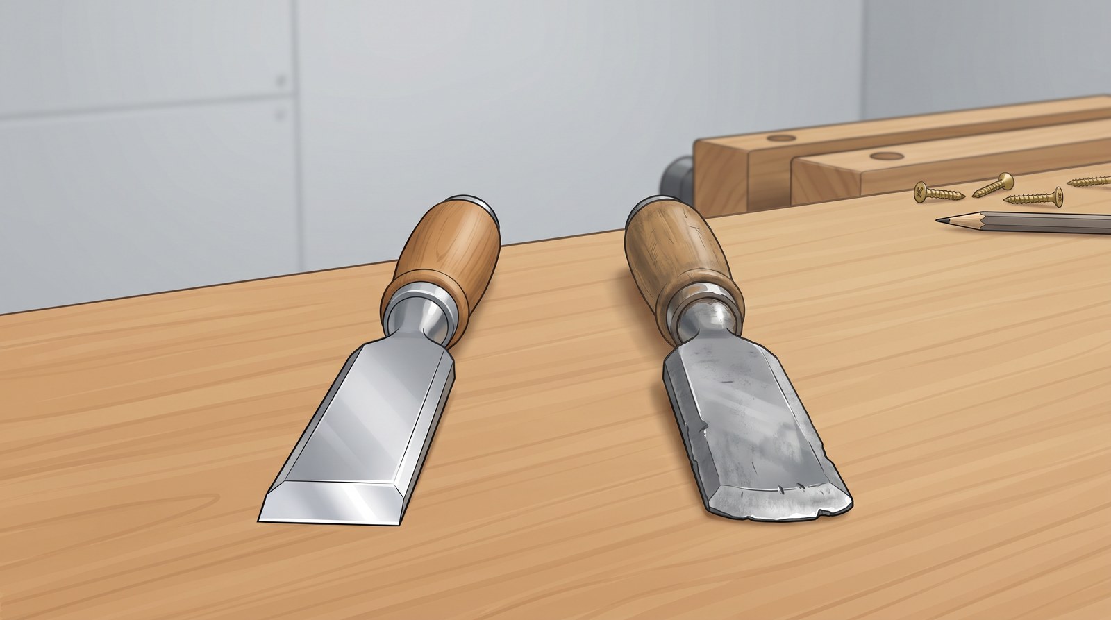 Two wood chisels side by side on a bench: one with a sharp, bright edge and one with a rounded, chipped, blunt edge