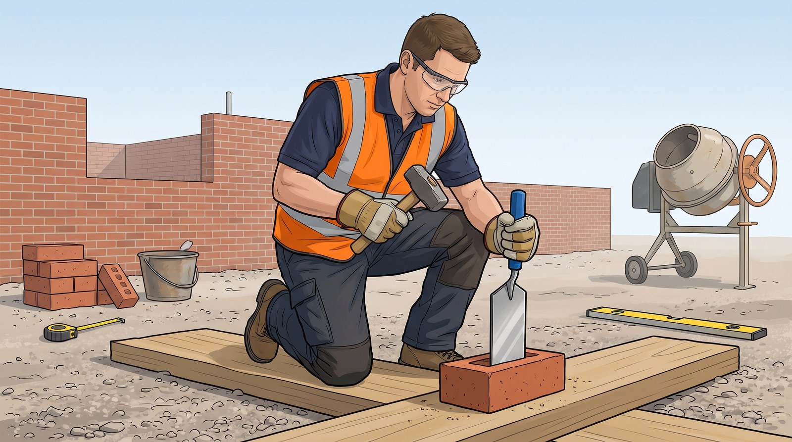 A worker in safety glasses and gloves holds a wide brick bolster on a brick and strikes it with a lump hammer, the brick on a plank on the ground