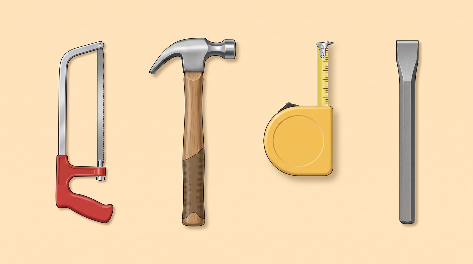 Four hand tools in a row: a hacksaw, a claw hammer, a tape measure and a cold chisel