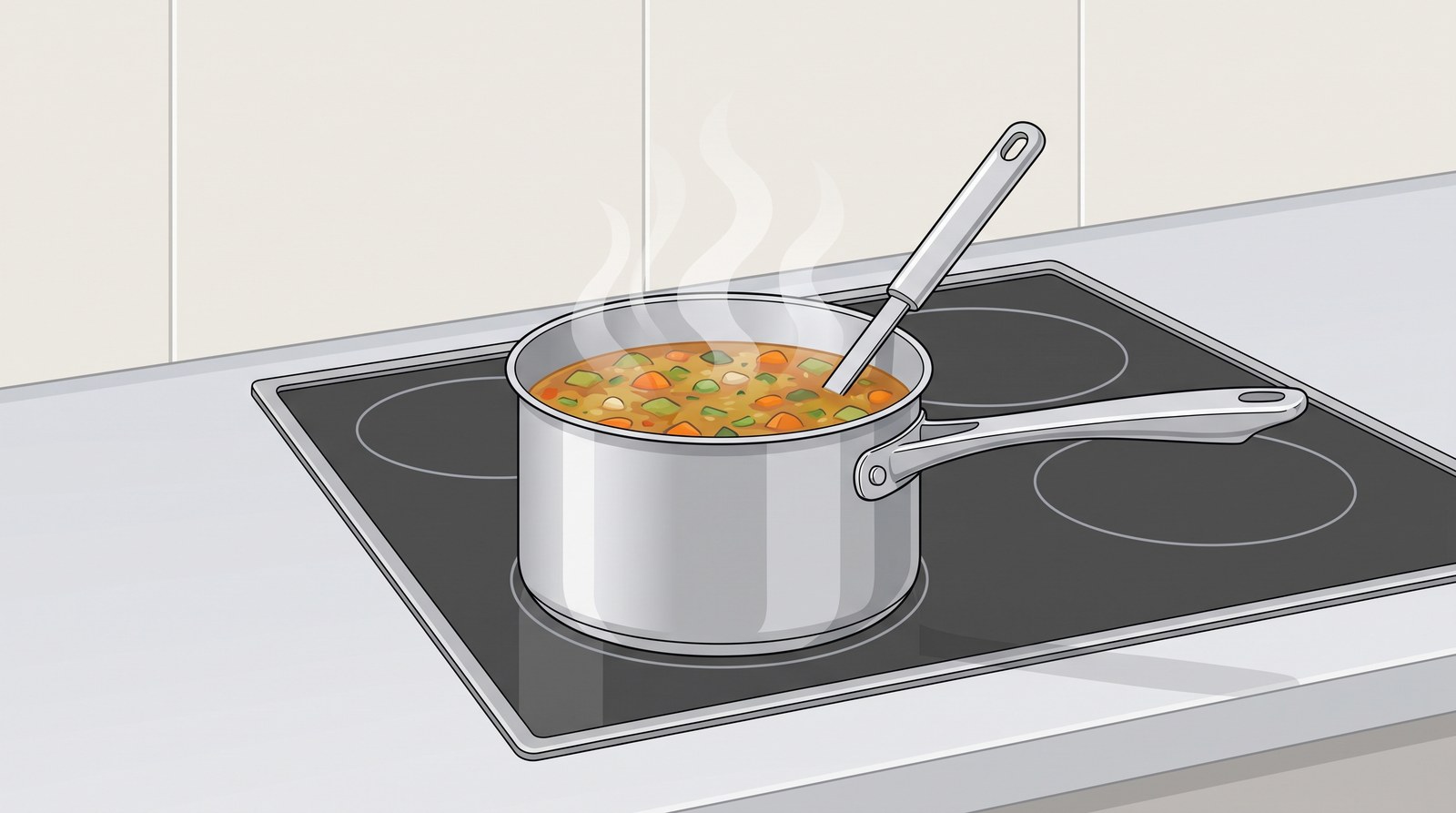 A metal spoon resting in a saucepan of steaming soup on a hob, its handle sticking out over the rim