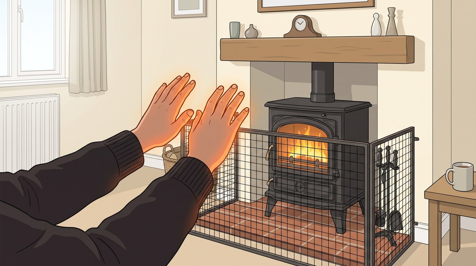 Hands held up towards a lit wood-burning stove behind a fireguard, warmed by its glow