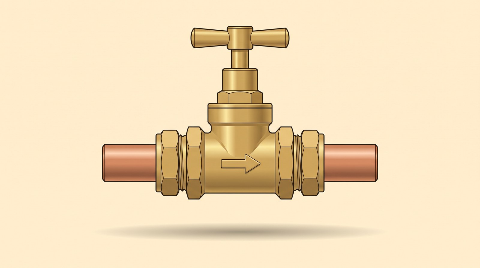 A brass stop valve on a short length of copper pipe, with a crutch handle on top, a compression nut at each end and a flow arrow cast on the body